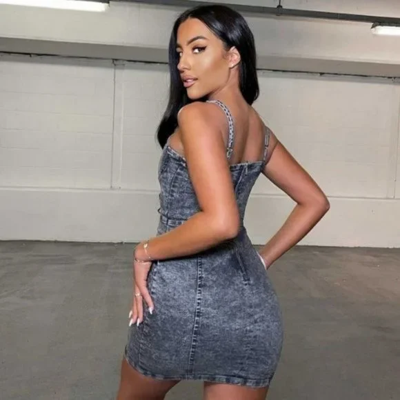 Gray Acid Wash Denim Jeans Sleeveless Bodycon Mini Dress - Picture 11 of 11